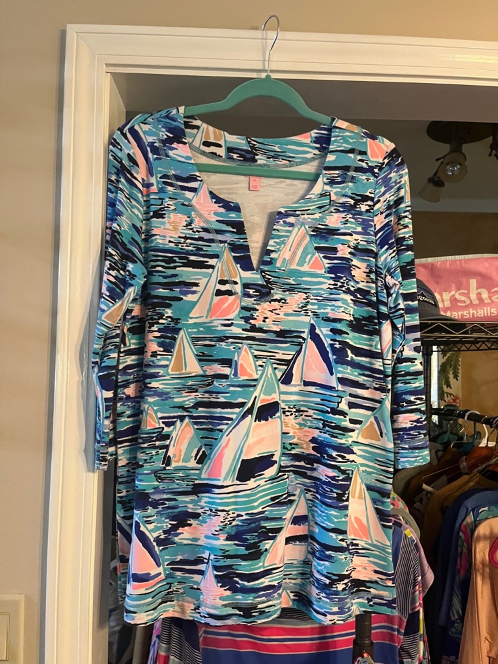 Sailboat Print V-Neck Tunic in Aqua & Navy